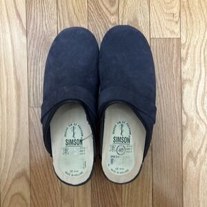 SIMSON Dutch Wooden Clogs Slippers Navy Blue Suede Leather EU 40 Open Back